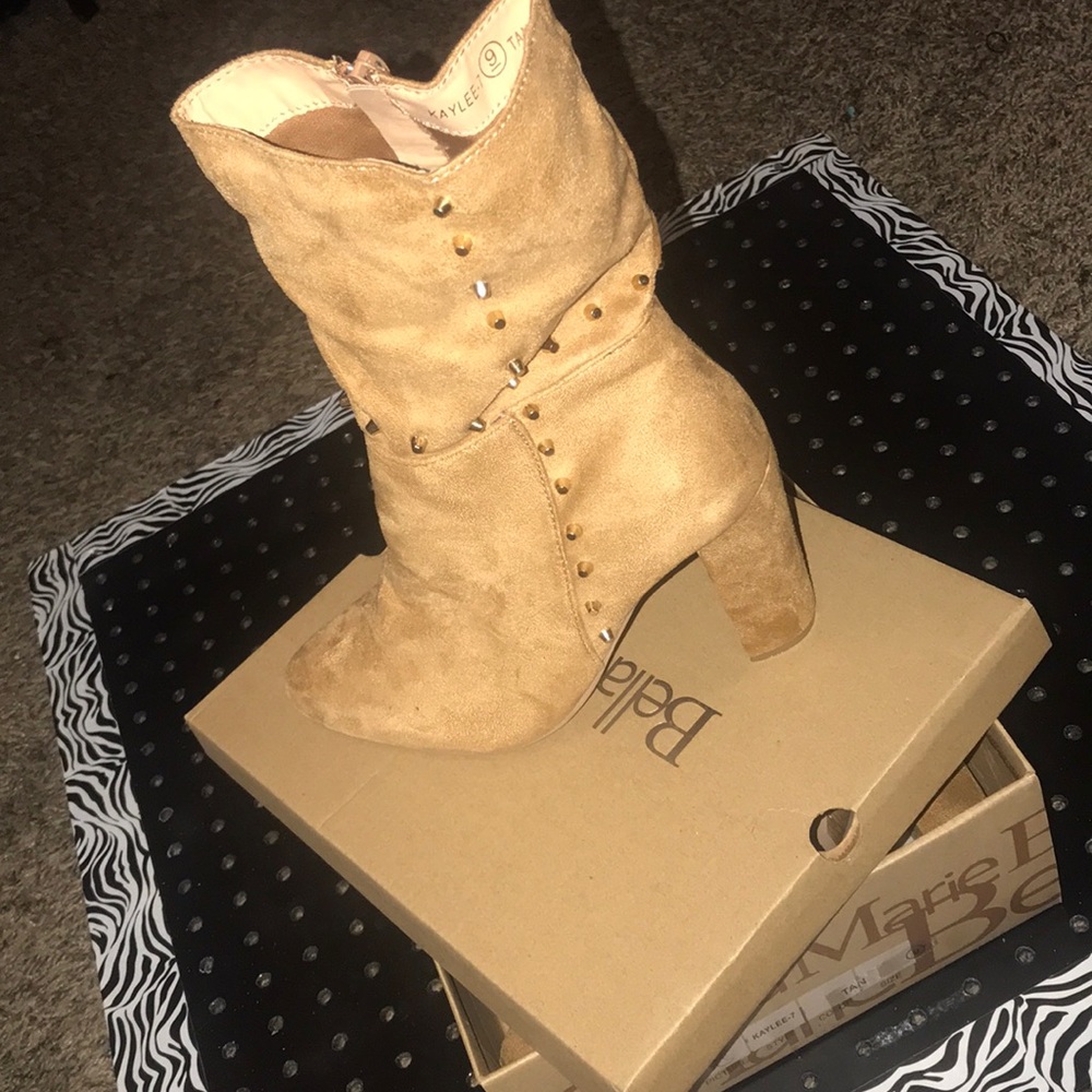 Tan Block Heel mid calf bootie